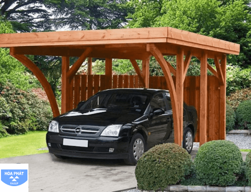 Mái che ô tô trước nhà bằng gỗ